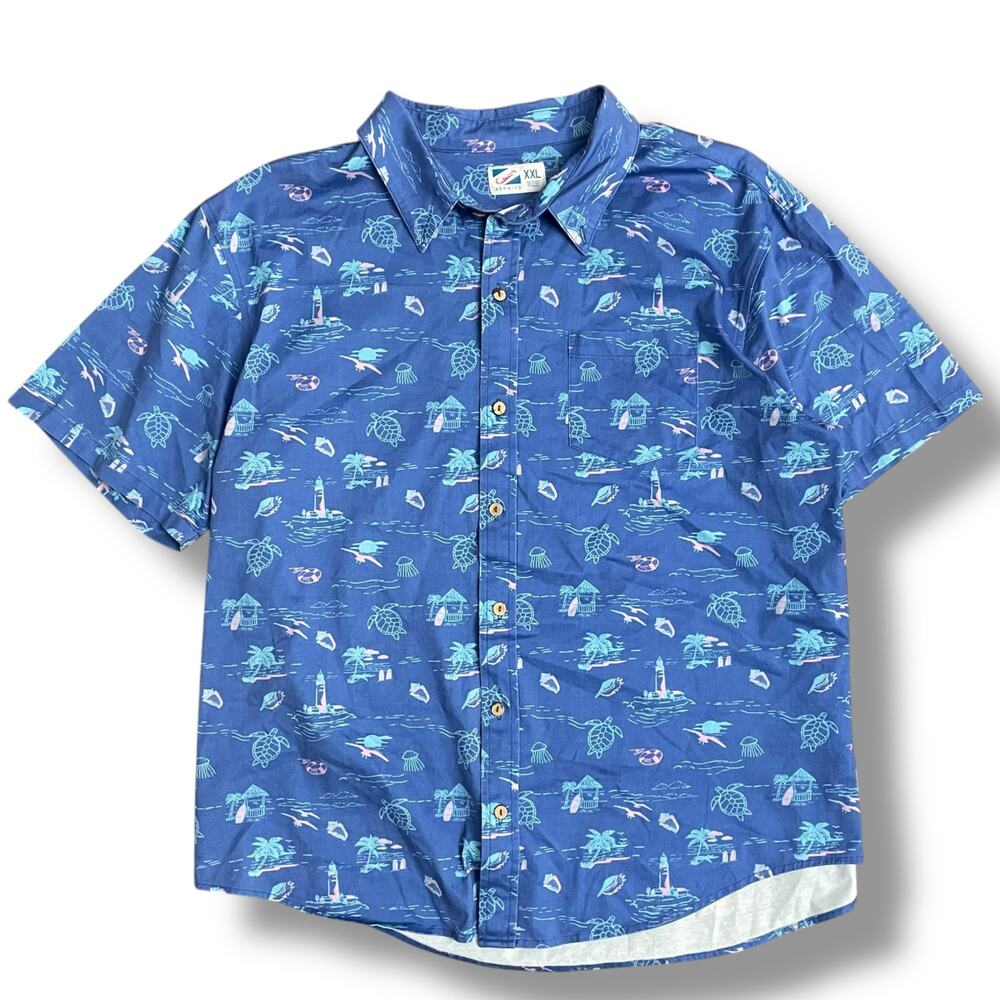 Bermies Mens XXL Navy Nautical‎ Button Down Shirt Cotton Stretch Coastal Print